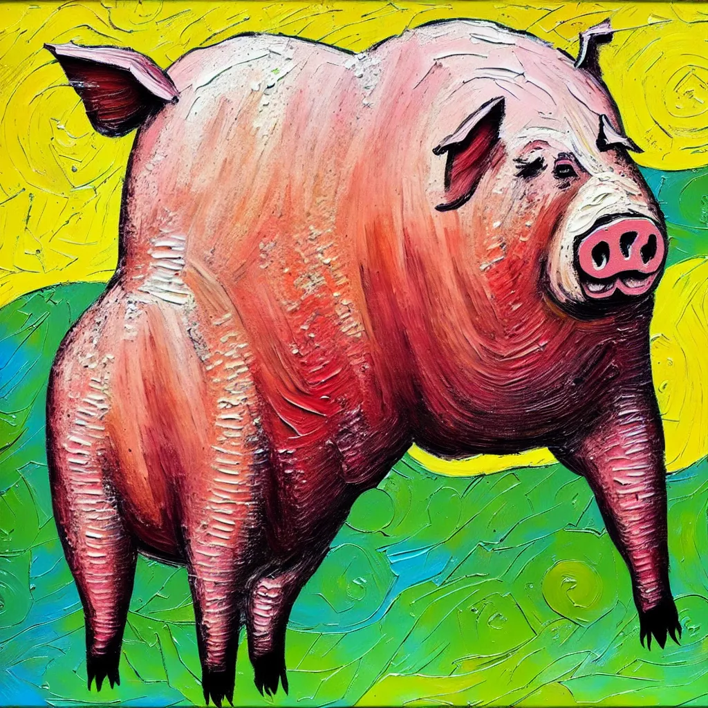 Image similar to large pig painted in a style of painting similar to Van Gogh but more impasto and less hatching