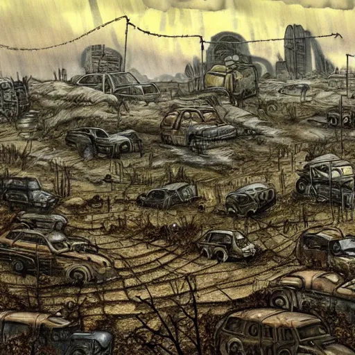 Prompt: post apocalyptic landscape by raymond briggs