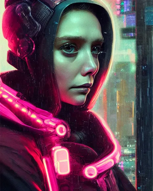 Image similar to detailed portrait of elizabeth olsen as a neon operator girl, cyberpunk futuristic, neon, reflective puffy coat, decorated with traditional japanese by ismail inceoglu dragan bibin hans thoma greg rutkowski alexandros pyromallis nekro rene margitte, illustrated, perfect face, fine details, realistic shaded, fine - face, pretty face