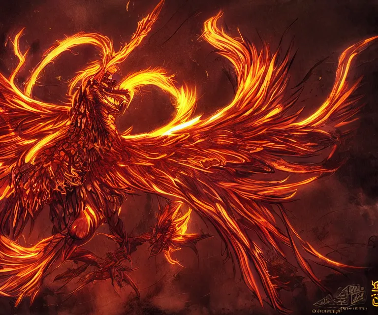 Image similar to neo tokyo, high fantasy, concept art, video game, highly detailed, phoenix flames, sharp focus, 5 0 mm