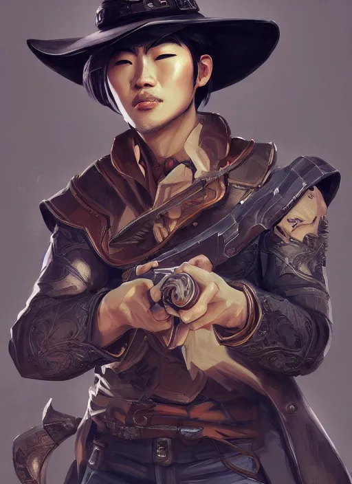 Image similar to a highly detailed illustration of korean man as cowboy wearing black cowboy hat, dramatic wielding gun pose, perfect face, intricate, elegant, highly detailed, centered, digital painting, artstation, concept art, smooth, sharp focus, league of legends concept art, wlop