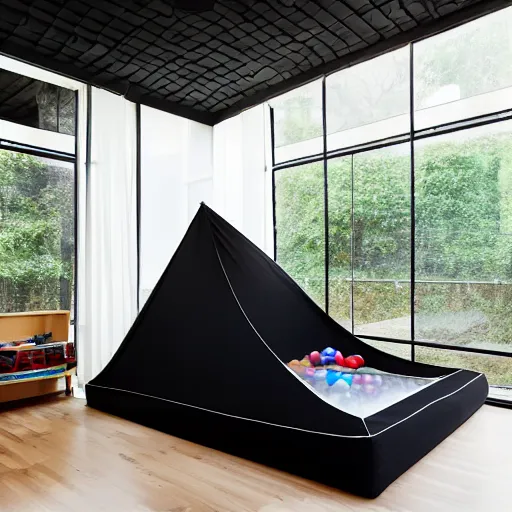 Image similar to a black trampoline, a ball pit, and a mattress inside a big empty room with light coming through the windows