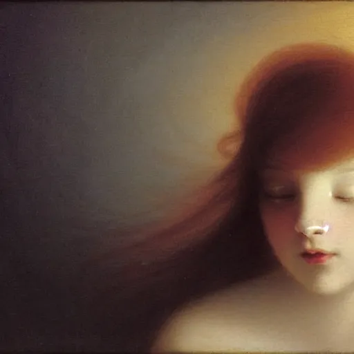 Prompt: a young woman's face, her hair is silver and she wears a cobalt blue satin cloak, by ivan aivazovsky and syd mead and moebius and gaston bussiere and roger dean and pieter claesz and paul delaroche and alma tadema and aelbert cuyp and willem claesz, hyperrealistic, volumetric light, octane render