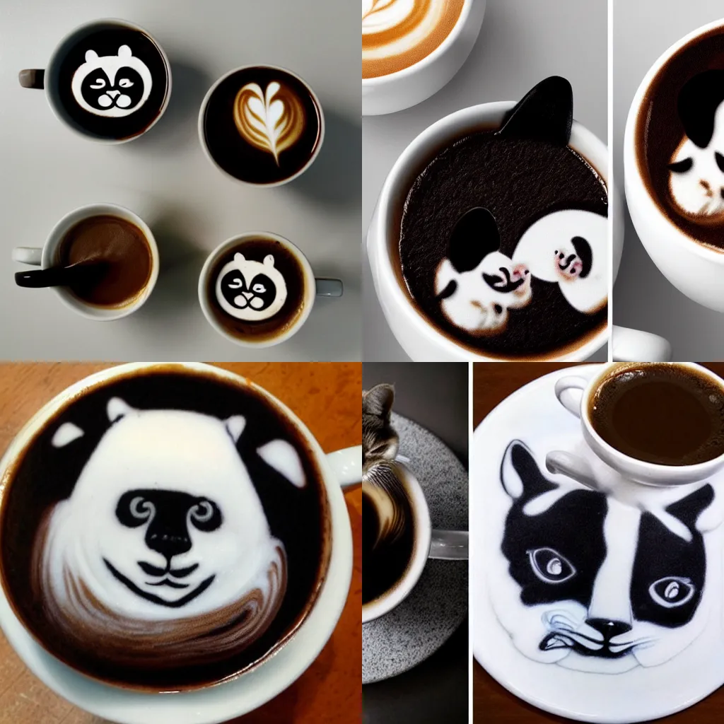 Prompt: Two cups of coffee, one with latte art of a cat. The other has latte art of a panda, 4k.