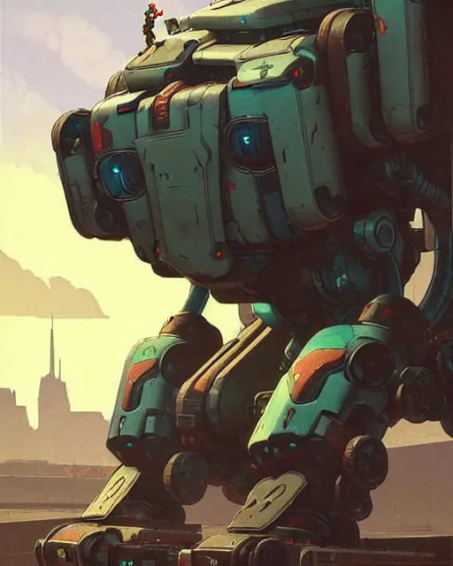 Image similar to bastion the friendly tank robot from overwatch, character portrait, portrait, close up, concept art, intricate details, highly detailed, vintage sci - fi poster, retro future, in the style of chris foss, rodger dean, moebius, michael whelan, and gustave dore