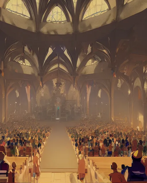 Image similar to ghibli and craig mullins digital matte art of a crowd in a futuristic church, priest, pews, ethereal, inviting, bright, unreal engine, hyper realism, realistic shading, cinematic composition, realistic render, octane render, detailed textures, photorealistic, wide shot