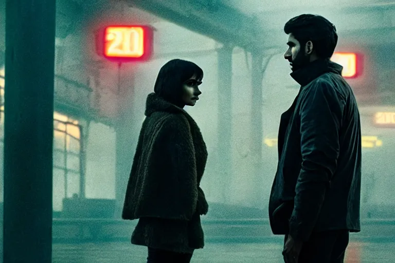 Image similar to film still of closeup beautiful model indian couple in blade runner 2 0 4 9, train station, cinematic, moody, gritty neon noir by emmanuel lubezki