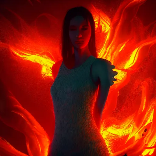 Image similar to portrait of a fire sprite, flames, dark, red glowing background lighting, hyper detailed, fairy tale, 4 k octane render