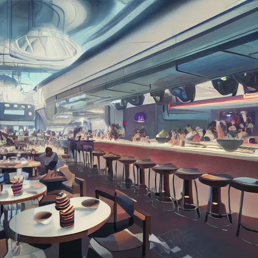 Prompt: Interior of a futuristic crowded restaurant with smoking machines, hyperdetailed, artstation, cgsociety, 8k