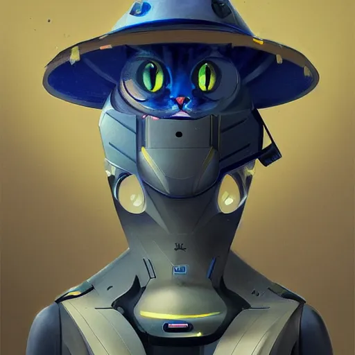 Image similar to a futuristic robotic cat wearing a hat, medium shot, asymmetrical, profile picture, organic painting, nebula, matte painting, bold shapes, hard edges, street art, trending on artstation, by huang guangjian and gil elvgren and sachin teng