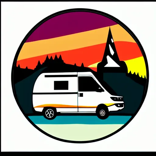 Image similar to sticker of a white and black cute thor chateau! motorhome camper!!, mountains, colorful sunset!!, thick lines, very minimal art, sticker!! by tom whalen