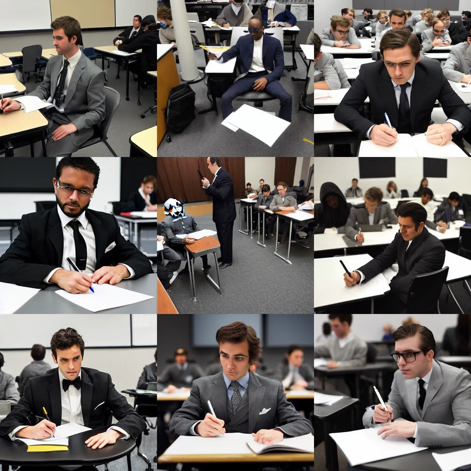 Prompt: an imperial agent from star wars, in gray formal suit, sitting in the back of a college class, writing rigorous notes on the upcoming midterm test