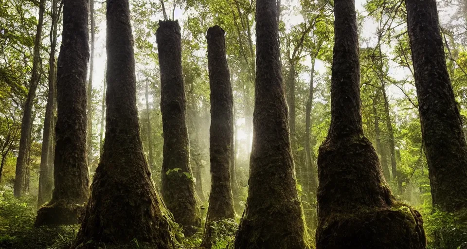 Image similar to giant towering chess pieces in a forest, low angle view, storybook, beautiful, soft lighting, artstation,