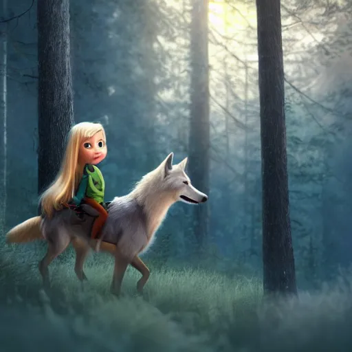 Prompt: medium shot young girl, blond hair green eyes, astride a gray wolf, in a dark forest, mysterious, backlit, beautiful still from a pixar dreamworks movie, trending on artstation