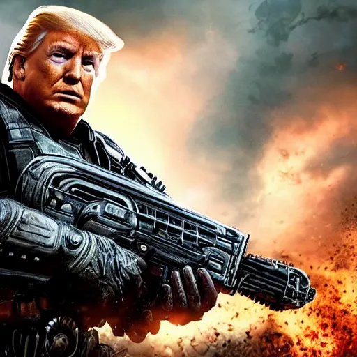 Image similar to Photo portrait of Donald Trump as ((the punisher)) in Gears of War, splash art, movie still, detailed face, photorealistic facial features, cinematic lighting, dramatic, octane render, long lens, shallow depth of field, bokeh, anamorphic lens flare, 8k, hyper detailed, 35mm film grain