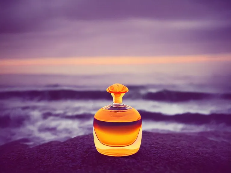 Prompt: cinestill 5 0 d surreal photography of perfume bottle emerging from swirling ocean waves and marmelade sunset sky / 4 style of nicholas fols, 2 0 0 mm, mute dramatic colours, soft blur outdoor stormy sea background, volumetric lighting, hyperdetailed, hyperrealistic