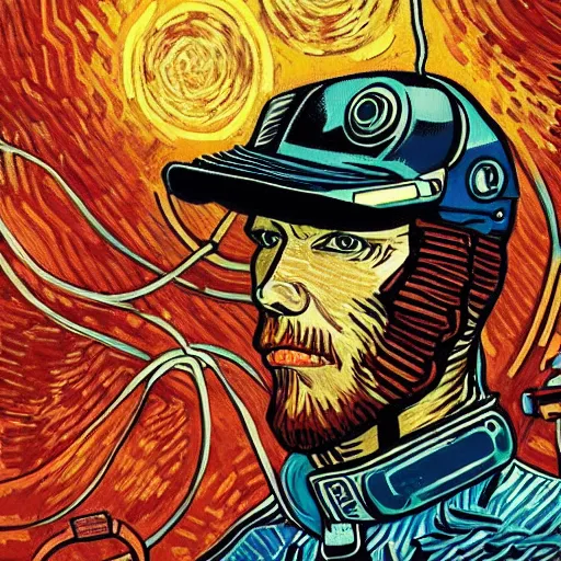 Image similar to Illustrated by Shepard Fairey and Greg Rutkpwski | Cyberpunk Van Gogh with VR helmet, surrounded by cables