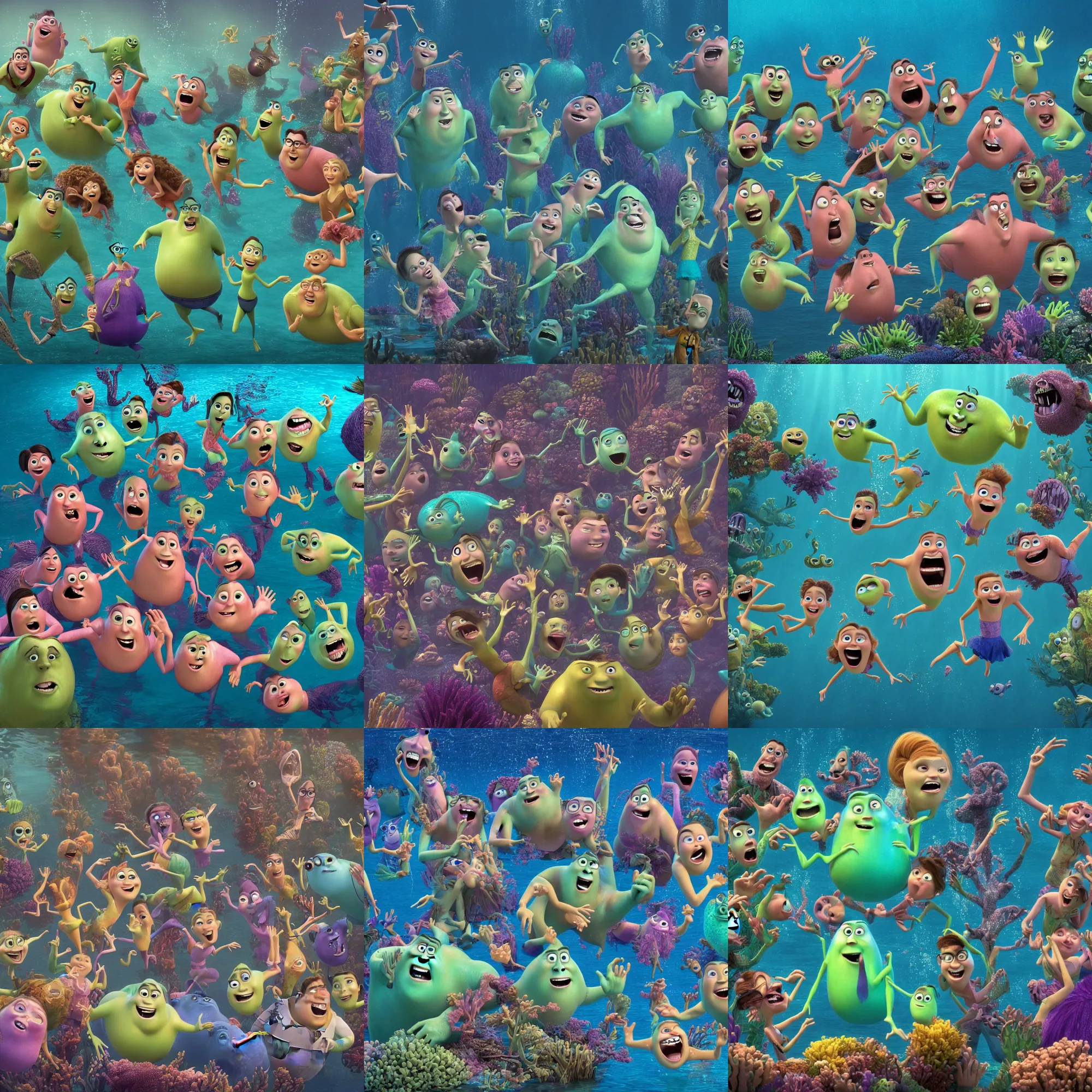 Prompt: full body shot of a bunch of creepy people dancing underwater, pixar illumination studios animated movie by john lasseter, cinematic lighting, fun!!! happy!!! extremely joyful and eerie smiles