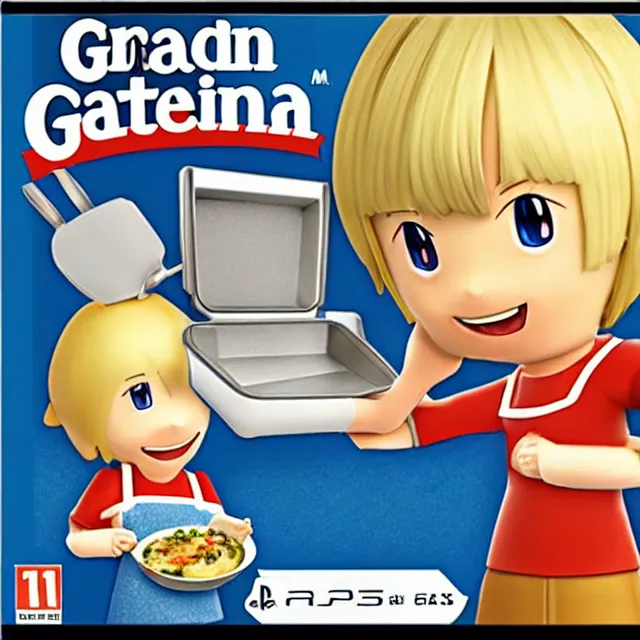 Image similar to videogame box art for the game'gratin maker 3 ds'( 2 0 0 5 ) showing a blonde female mii and a brunette male mii smiling in a kitchen with a gratin in front of them, low poly, cgi cartoon, detailed