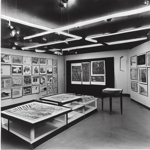 Image similar to A black and white photography of an exhibition space with works of Sun Ra, Marcel Duchamp and tropical plants, 60s, offset lithography print, newspaper, distant shot