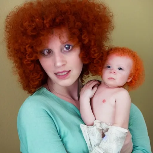 Prompt: a beautiful pale woman with orange hair holding both a curly headed baby boy and also a brown poodle, in the style of salvador dahli