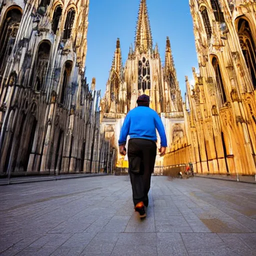 Image similar to super mario walking next to the cathedral of cologne, germany, volumetric lighting, sharp focus, ultra detailed, cgsociety - w 1 0 2 4 - n 8 - i