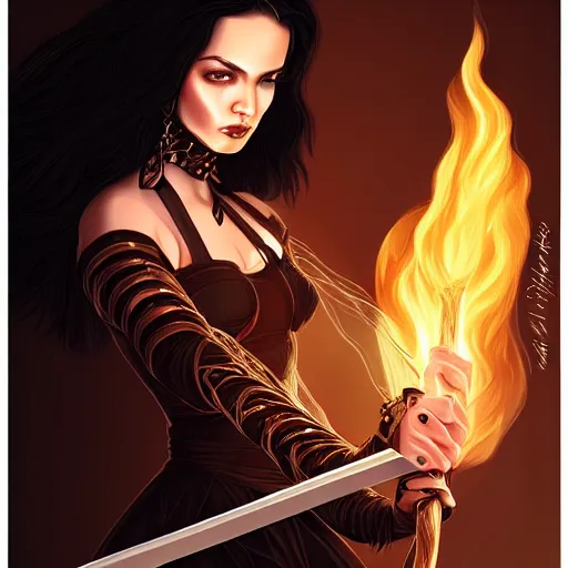 Image similar to portrait, woman with black hair called the lady of ash wielding a sword, elegant, illustration, fire magic, detailed, intricate, sharp focus, digital painting