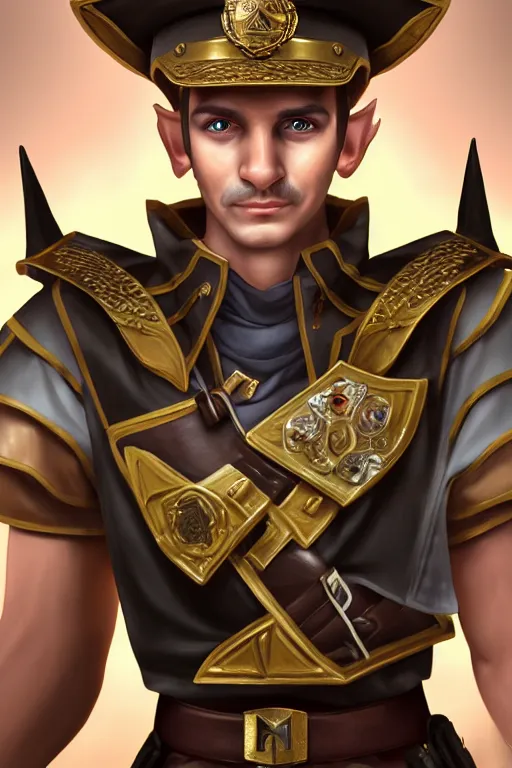 Prompt: high elf mall cop with a sheriff's badge, they are shifty and incompetent, Oil Painting, hyperrealistic, Detailed Digital Art, RPG portrait, 3/4 bust, dynamic lighting, Highly Detailed, Cinematic Lighting, 8k, HD