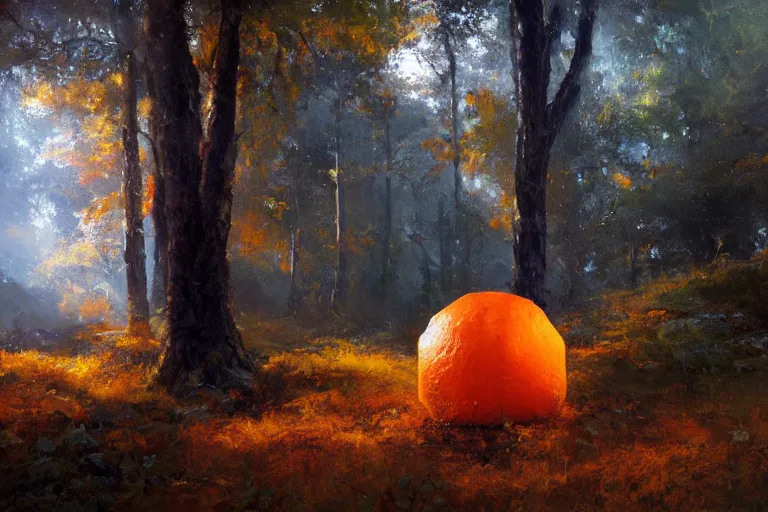 Image similar to An oil painting of an orange cube in a forest by Craig Mullins, dramatic lighting, realistic shadows, establishing shot, extremely high detail, artstation