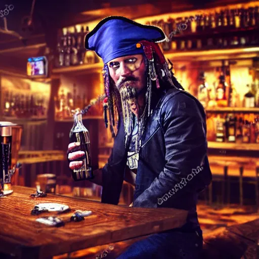 Image similar to high quality portrait of a pirate bartender in a cyberpunk cyberpunk cyberpunk cafe, realism, 8k, award winning photo