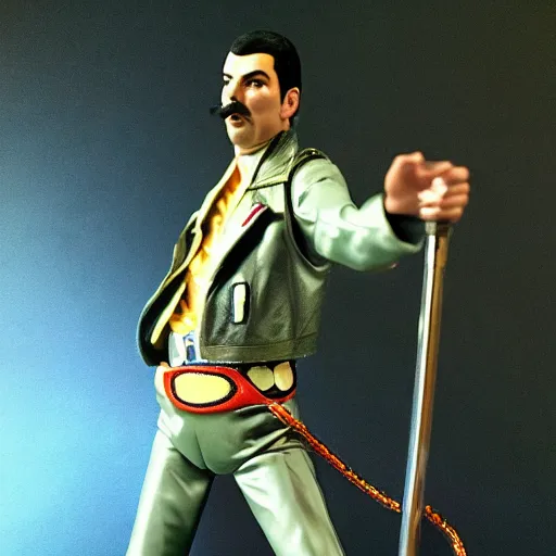 Image similar to freddie mercury action figure, well lit, studio light, painted action figure