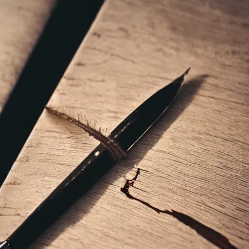 Image similar to highly detailed close up photo of an old worn notebook on wooden table, old table, feather pen, light coming out of near window, moody lighting, dust in air