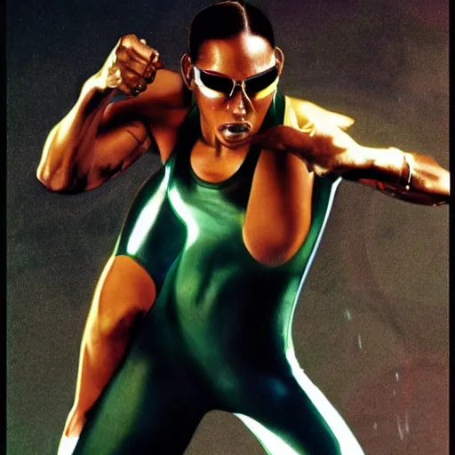 Image similar to Trinity the matrix, Femaile sprinter in athletic attire with cyborg legs, diesel punk, athletic footage, 1980's, olympics, cinematic, art deco