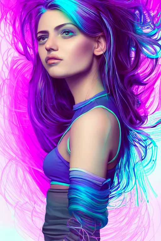 Image similar to a award winning half body portrait of a beautiful woman in a croptop and cargo pants with ombre purple pink teal hairstyle and hands in pockets by ari liloan, surrounded by whirling illuminated lines, outrun, vaporware, shaded flat illustration, digital art, trending on artstation, highly detailed, fine detail, intricate