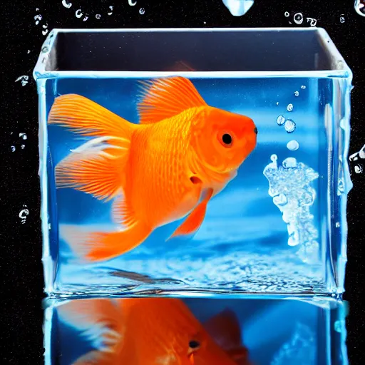 Image similar to a goldfish swimming inside a cube made of water looking at its reflection on the side of the cube