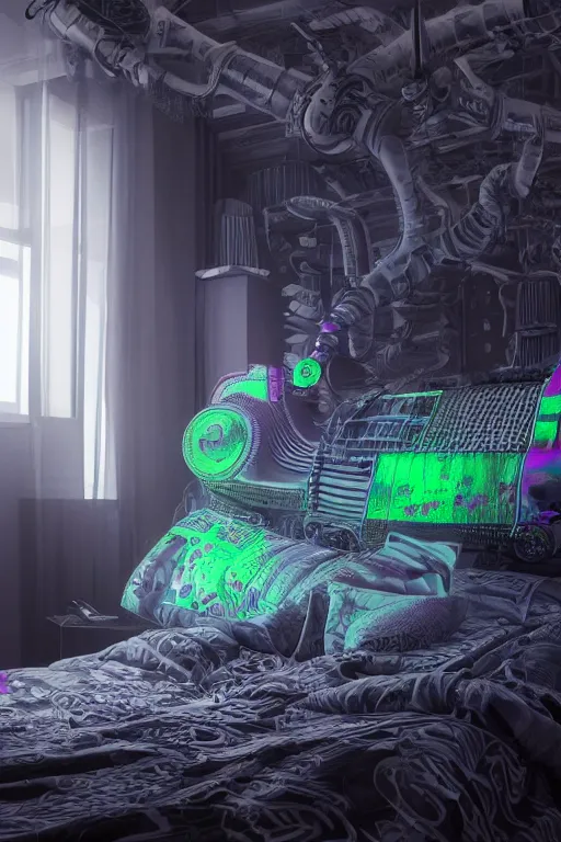 Image similar to photo of of bedlinen in a modern bedroom, band merchandise, bandname is tripmachine, tourname is invasion of the tripmachines, realistic digital art, bedlinen is textured with a 3 d render of a huge futuristic steampunk generator, 8 k, fluorescent colors, halluzinogenic, multicolored, exaggerated detailed, unreal engine