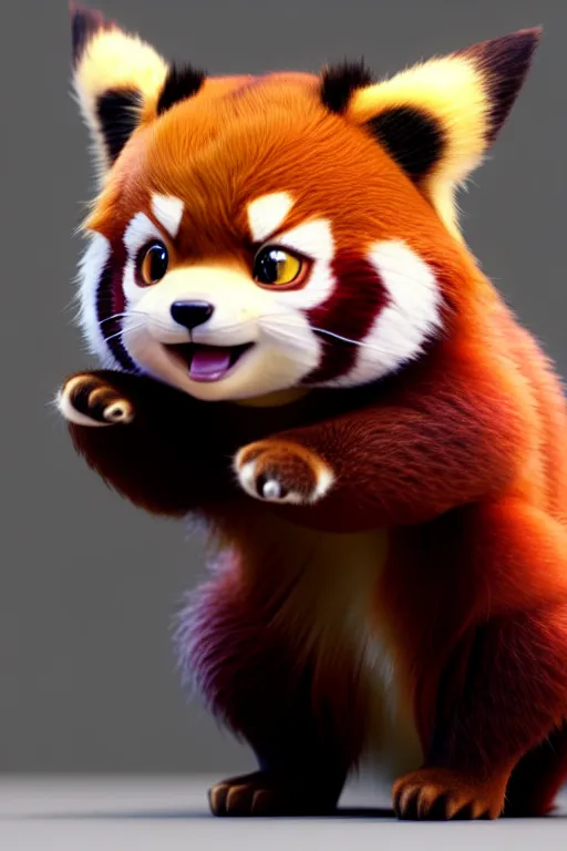 Prompt: high quality 3 d render hyperrealist very cute red panda & cat hybrid, vray, detective pikachu, very dramatic light, low angle, uhd 8 k, shallow depth or field