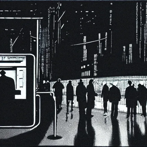 Prompt: some people waiting at bus stop in dark city night, detailed, high quality,a scene by Stanley kubrick, sci-fi, reimagined by industrial light and magic