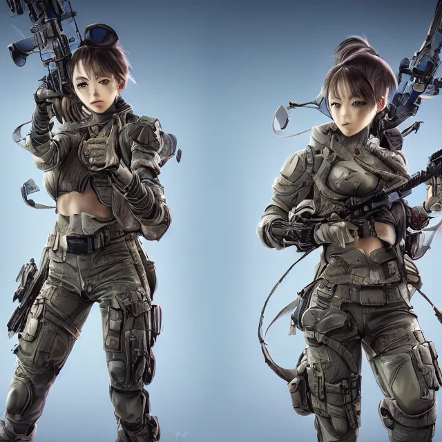 Image similar to the hyperrealistic portrait of lawful neutral female futuristic marine sniper as absurdly beautiful, gorgeous, elegant, young anime gravure idol, an ultrafine hyperdetailed illustration by kim jung gi, irakli nadar, intricate linework, bright colors, octopath traveler, final fantasy, unreal engine 5 highly rendered, global illumination, radiant light, detailed and intricate environment