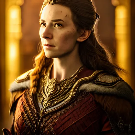 Image similar to the elder scrolls vi, charismatic regal brunette female jarl, portrait, throne room, atmospheric lighting, painted, intricate, volumetric lighting, beautiful, daytime, sunny weather, slight overcast, sharp focus, deep colours, ultra detailed, by leesha hannigan, ross tran, thierry doizon, kai carpenter, ignacio fernandez rios