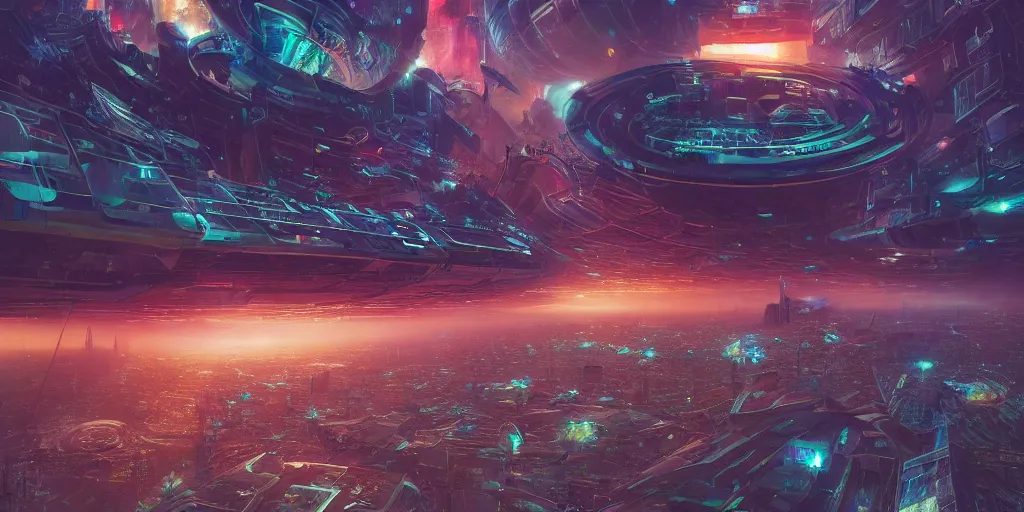 Image similar to a huge bustling futuristic space station at the edge of the universe, filled with people and shops and bars and neon signs, where the horizon of apocalypse of the gods clashes upon, megastructure, immaculate highly detailed gloss rendering, marc simonetti, shinkai makoto, federico pelat, alena aenami, donna haraway