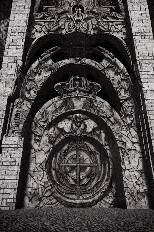 Prompt: a portal gate to hell. hyper - detailed. cast iron. ominous shapes. epic. sinister. medieval. hyper - realistic. octane render