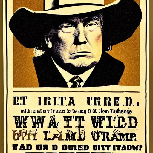 Image similar to Donald Trump on a wild wild West wanted poster with a 10 gallon hat caring to LeMat revolver