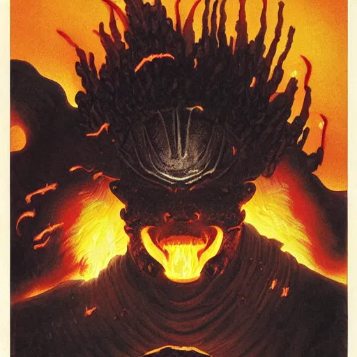 Image similar to head and shoulders portrait of a black samurai fire giant, wreathed in flame, inside a volcano, d & d, fantasy, greg rutkowski, frank frazetta, alexandre chaudret, boris vallejo, michael whelan, miro petrov, hr giger, magali villeneuve, donato giancola