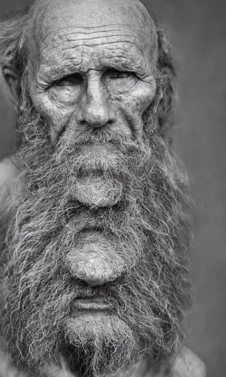 Prompt: an ancient man, extreme wrinkles, time weighs heavily, old beyond his years
