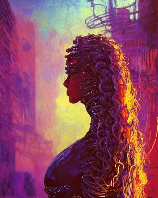 Image similar to day time, a cyberpunk close up portrait of cyborg medusa, electricity, snakes in hair, sparks, bokeh, soft focus, skin tones, warm, sky blue, daylight, by monet, paul lehr, jesper ejsing