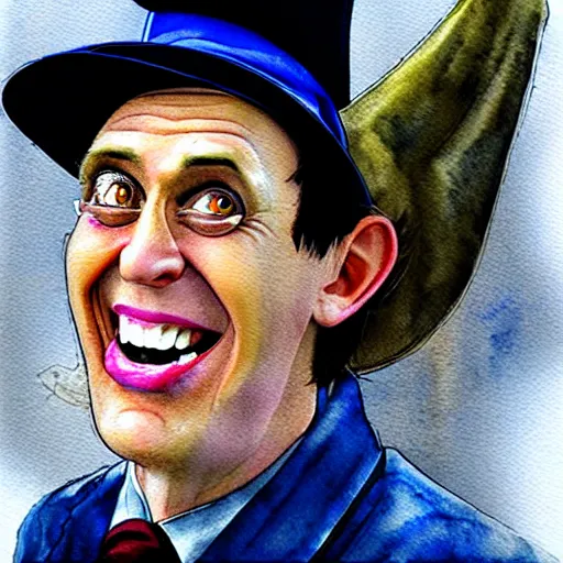 Prompt: portrait of inspector gadget manically laughing, it is evening, the mood of the picture is dark and menacing, rubbing alcohol watercolor ,hyper detailed, hyper realistic, by Botticelli