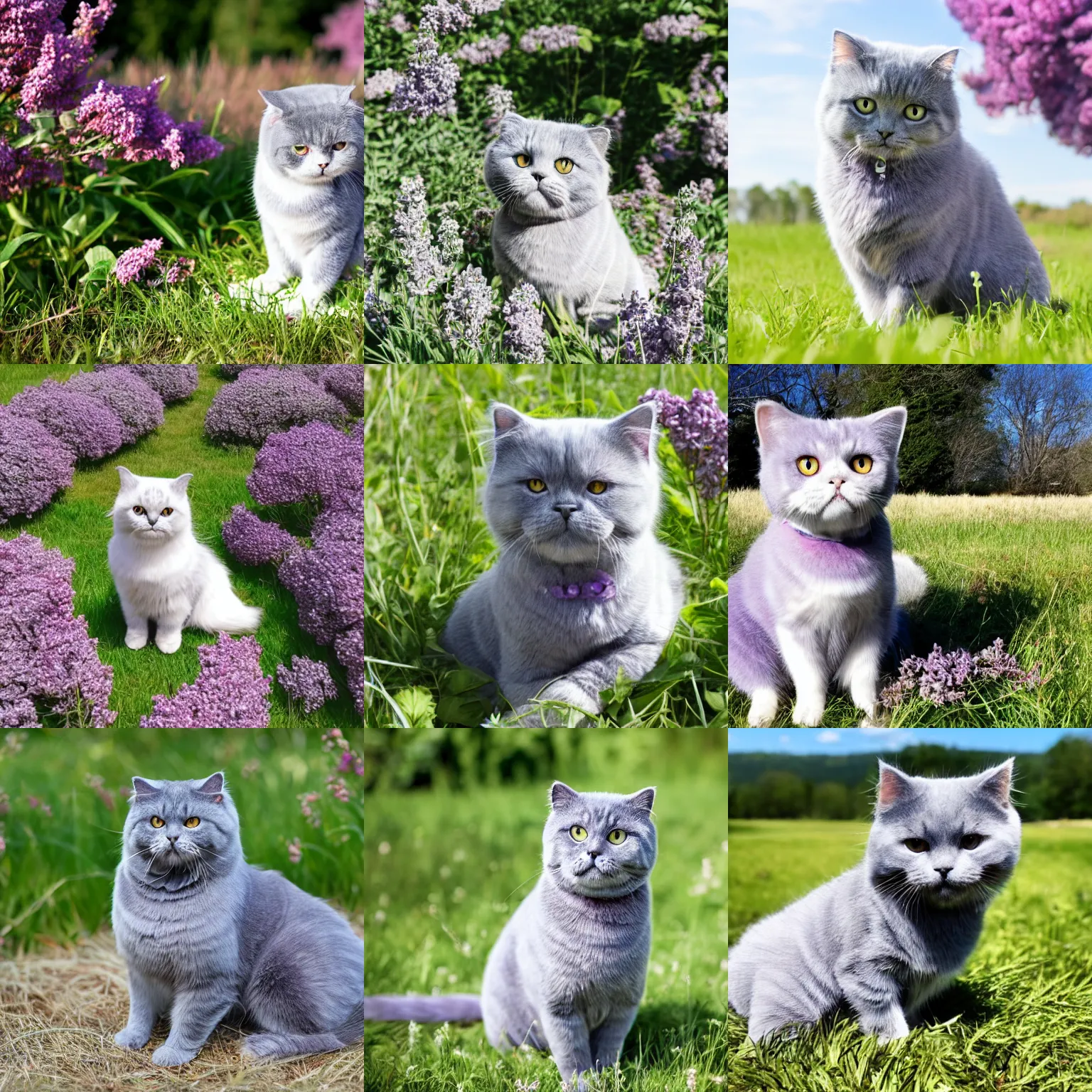 Prompt: a lilac gray scottish fold sitting in the middle of sunny meadow