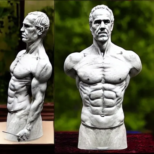 Prompt: hellenic marble sculpture of Jeffrey Epstein, realistic human anatomy sculpture, detailed anatomy, perfect anatomy, intricate sculpture, chiseled muscles, godlike