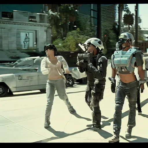 Image similar to film still of 'Los Angeles Future Squad 2050'. Epic action scene. Sigma 85mm f/8